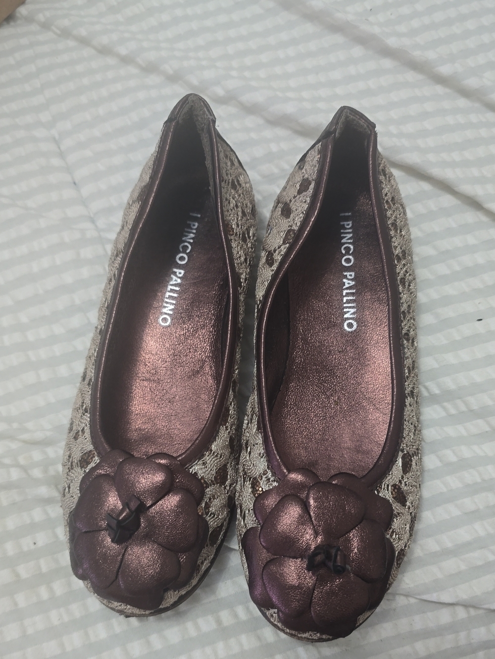 Pinco Pallino Rose Metallic Lace Ballet Flats with Floral Appliqué